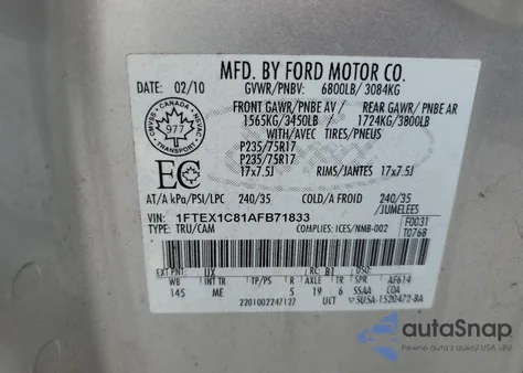 2010 Ford F150 Super Cab из США, поврежденный, VIN 1FTEX1C81AFB71833